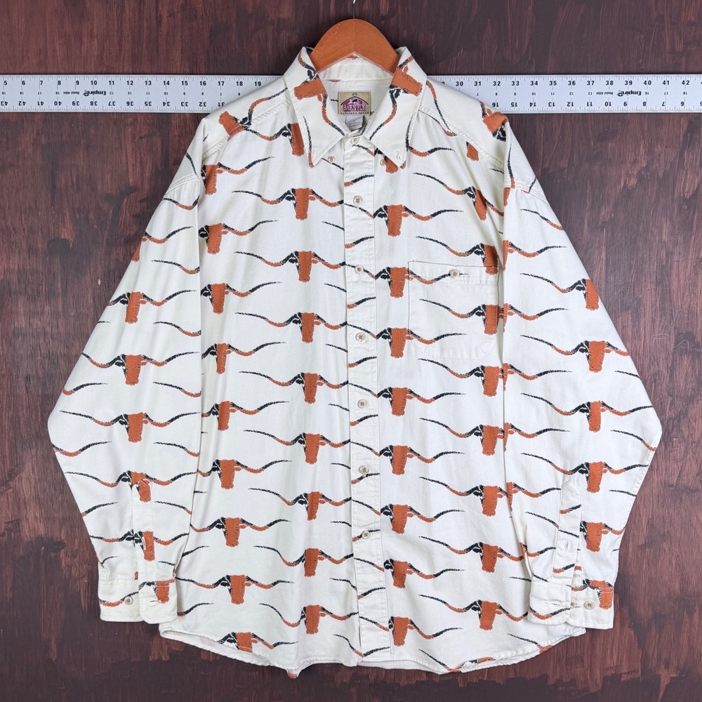Texas Longhorns AOP Barn Fly Western Button Down Shirt Cream Orange Mens Large